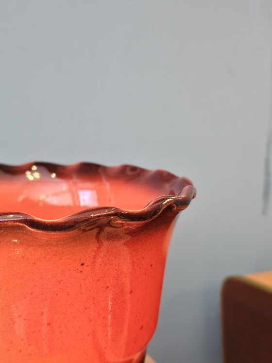Vintage Orange Brown Ceramic Wavy Flower Pot, Vases (photo 5 of 7)