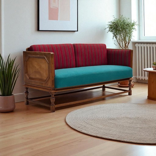 1950s, Danish 2 seater drop arm sofa, original striped red furniture wool, oak wood.