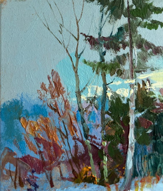 Image 1 of Original Oil Painting Winter Forest Landscape Winter sunset in the forest