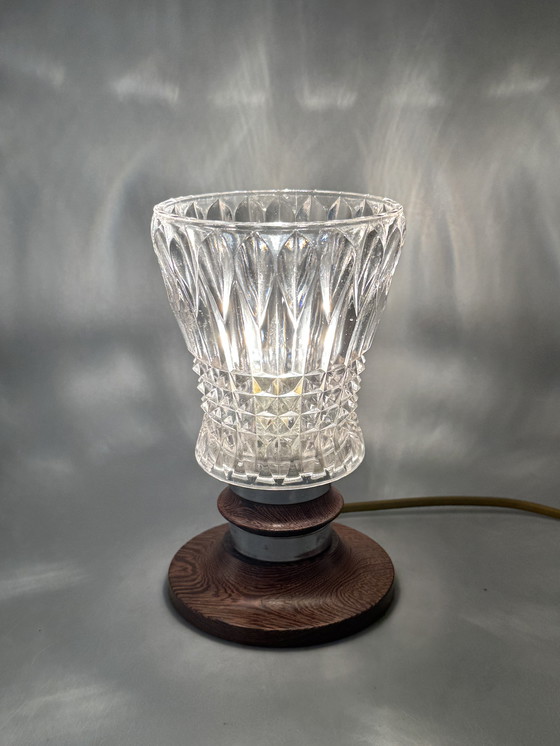 Image 1 of Mid-Century Table Lamp with Cut Glass Shade and Wooden Base – Vintage Design Lighting