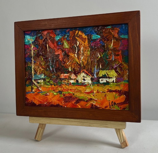 Original Oil Painting Evening Field Landscape Crimson autumn in the village