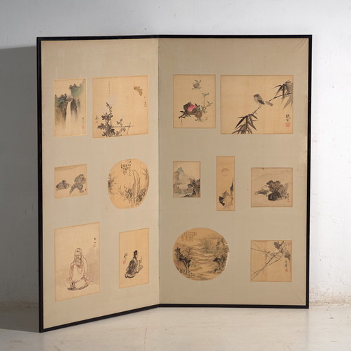 Antique Japanese two-panel screen with mounted paintings – Japan, circa 1900