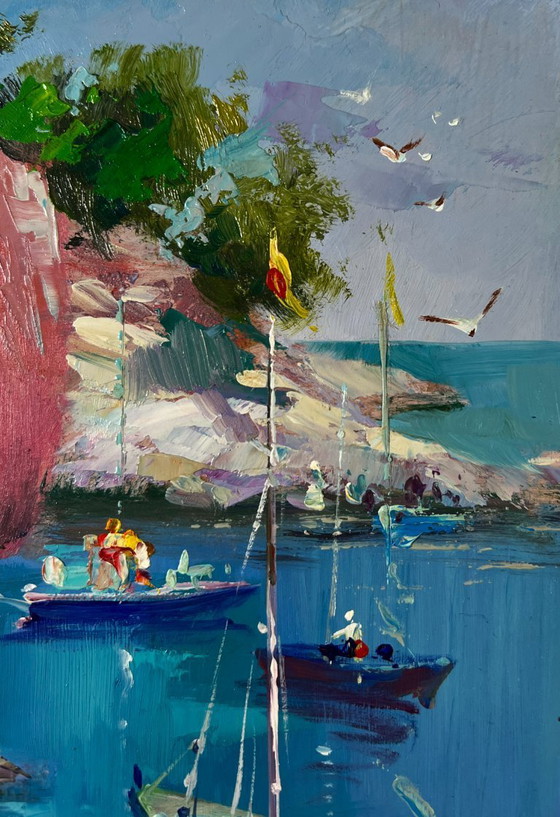 Image 1 of Original Oil Painting Sea Coastal Landscape Boats On The Rocky Shore