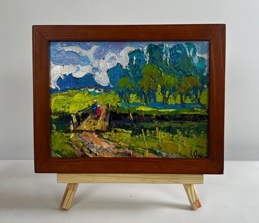 Original Oil Painting Summer Bridge Landscape To the other side
