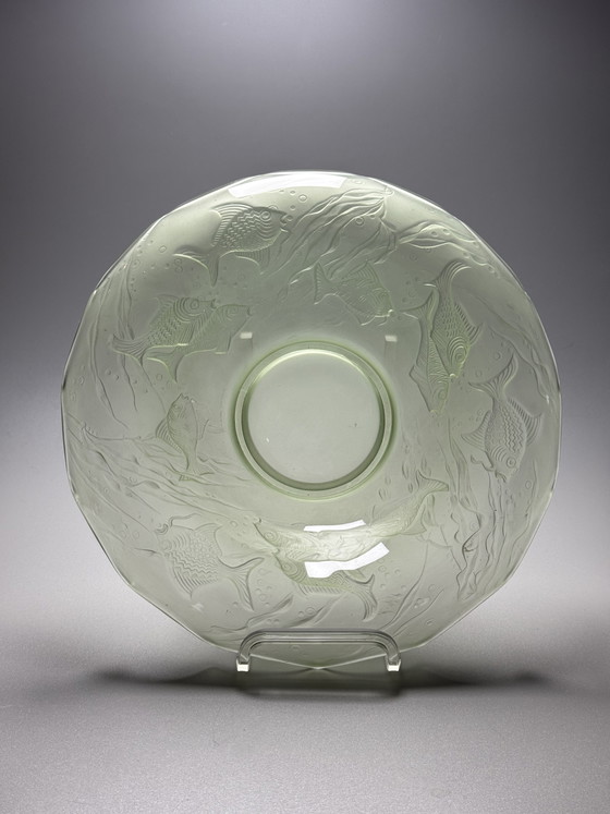 Image 1 of August Walther & Söhne “Arabella” Uranium Glass Centerpiece Bowl – Art Deco Fish Decor – 1930s Germany