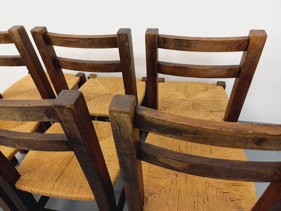 Image 1 of Set of 6 vintage brutalist chairs in solid oak and straw from the 60s