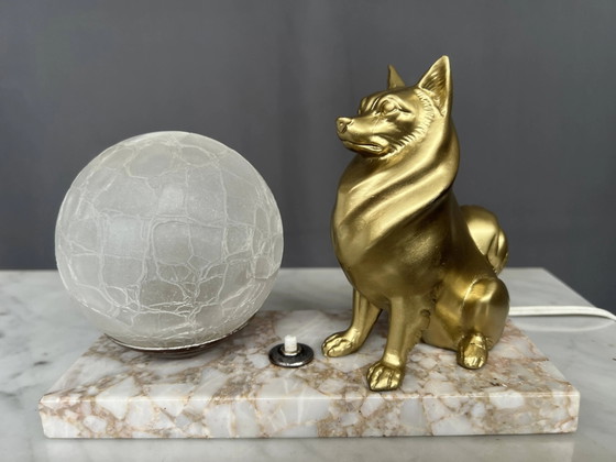 Lampada da notte con statuetta di Spitz in stile Art Déco su base di marmo. – Lampade da tavolo, Marble (photo 6 of 6)