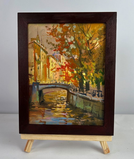Original Oil Painting Evening River Landscape Autumn city park