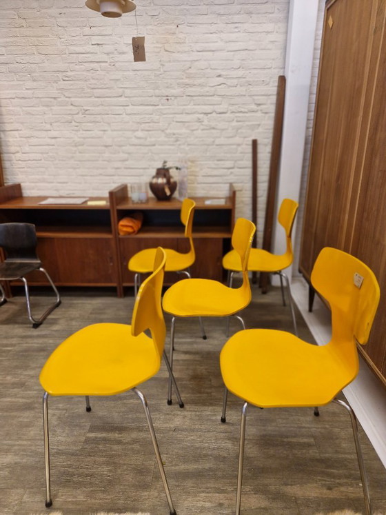 Fritz Hansen "Hammer" Sedie da pranzo (5) Modello 3103 – Arne Jacobsen (1974) – Metal, Wood, Vintage (photo 4 of 11)