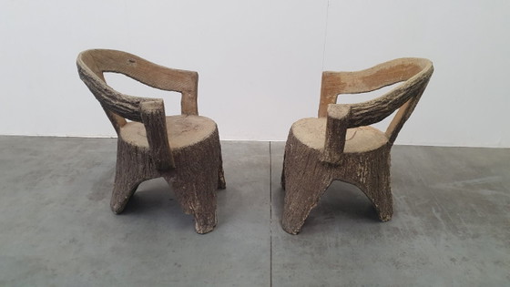 Image 1 of Vintage faux wood cement garden set 4 chairs/table Brutalist 60s France
