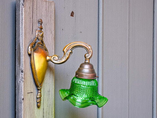 Art Nouveau Style Green Glass Tulip and Ornate Brass Wall Sconce Light Lamp