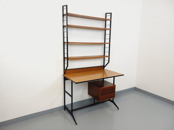 Image 1 of Italian modernist desk with built-in modular string bookcase in teak, metal and melamine from the 60s