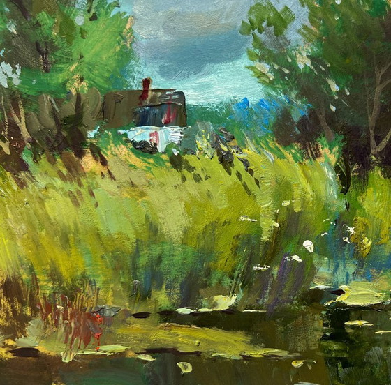 Image 1 of Pintura al óleo original Paisaje costero gris en las afueras del pueblo.