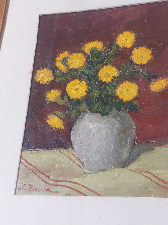 Image 1 of Magnifique peinture à l'huile, nature morte, vase de fleurs, années 1950, cadre sculpté à la main