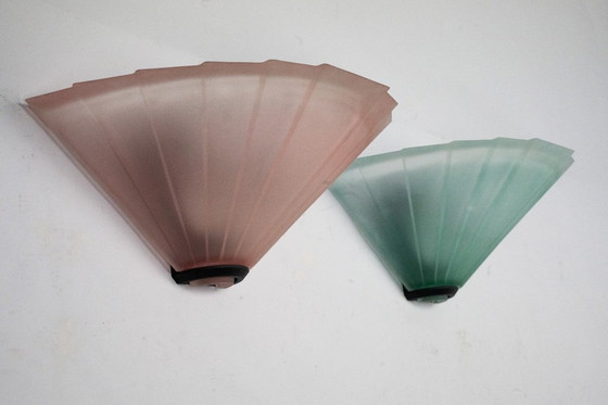 Image 1 of Pair of De Majo sconces in thick pink and green murano glass. Italy 1980s