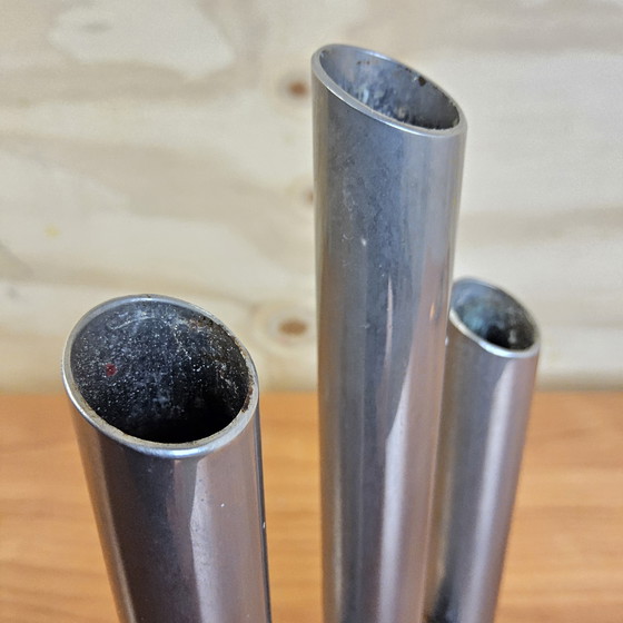 Image 1 of Vase/bougie moderniste en acier inoxydable, style vintage/ère spatiale, design italien (années 70), pour fleurs séchées.