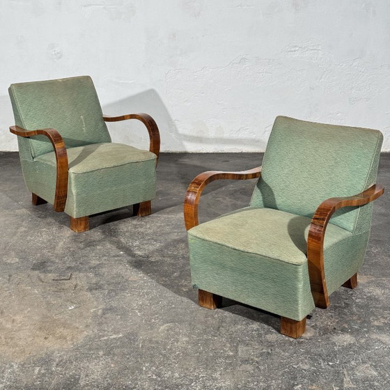 Pair of Art Deco Style Armchairs with Veneered Arms, 1960s – Textile (photo 4 of 14)