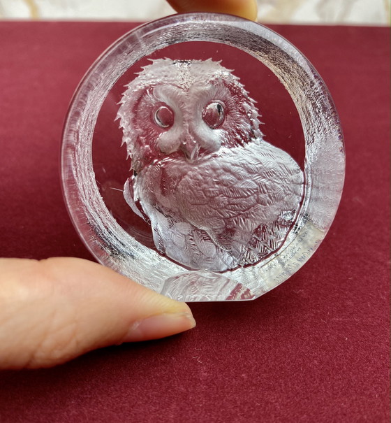 Image 1 of Swedish Mats Jonasson Lead Crystal Owl Glass Sculpture / Paperweight With Label And A Signature / Vintage Art & Collectibles