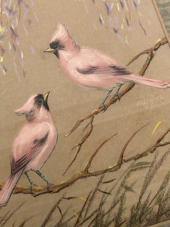 Image 1 of Antique drawing of pink birds