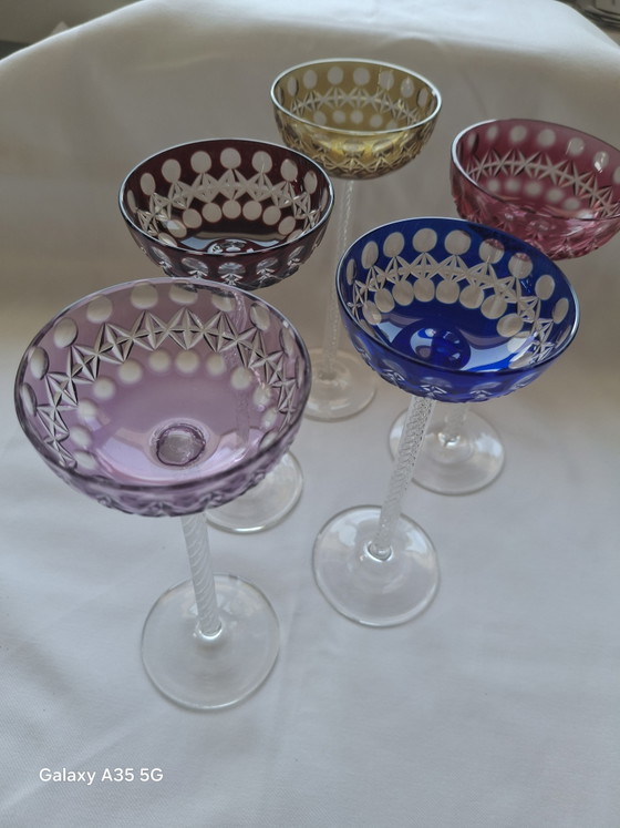 Image 1 of Set di 5 bicchieri da liquore antichi in stile Art Nouveau - Josephinenhütte, circa 1900 - stelo a spirale