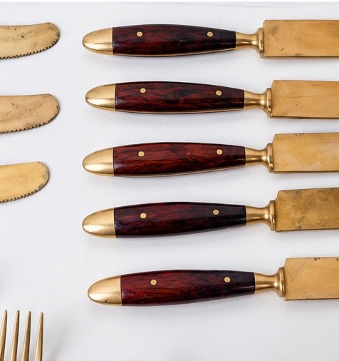 29 delig Vintage Deens Scandivasch bestek 1960, Besteksets, Hout, Messing, Bruin (foto 7 van 8)