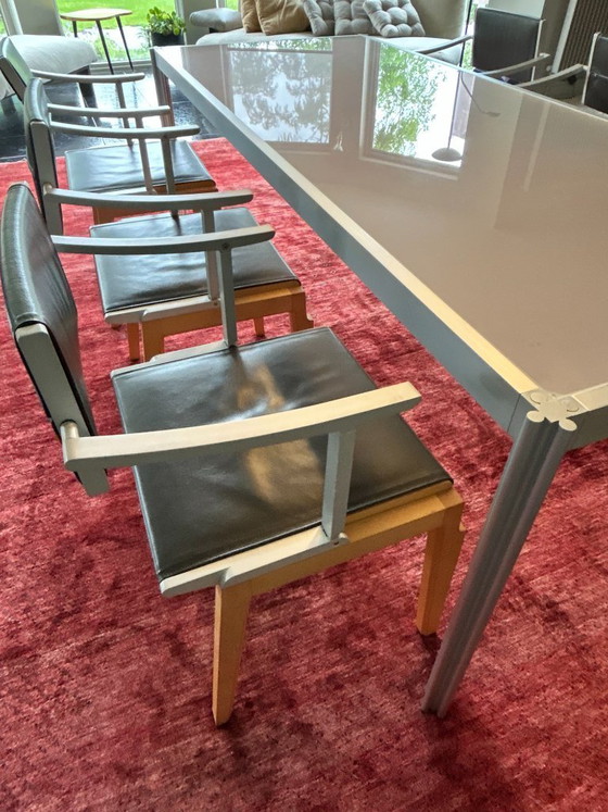 Image 1 of Exclusive Italian Dining Set: 6x Giorgetti Chairs (Adjustable) + Acerbis Frosted Glass Dining Table