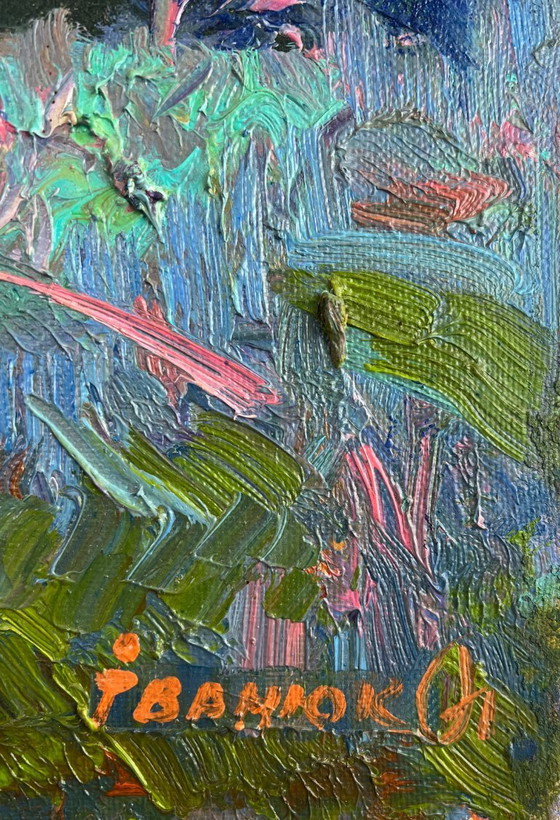 Image 1 of Peinture à l'huile originale, paysage d'été, rosée du matin argentée