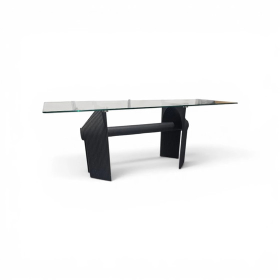Table de salle à manger ou bureau Post Modern en fonte noire avec plateau en verre / années 1980 (photo 6 of 14)