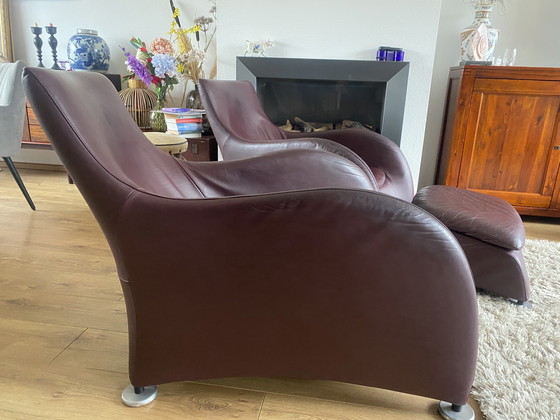 Image 1 of 2 vintage Montis Loge armchairs with aubergine leather backrest