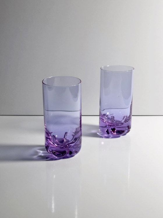 Image 1 of 4 Vintage Drinking Glasses Alexandrite Glass Tumbler Gin Tonic Long Drink Neodymium Italy 70s Crystal Brutalist Pink