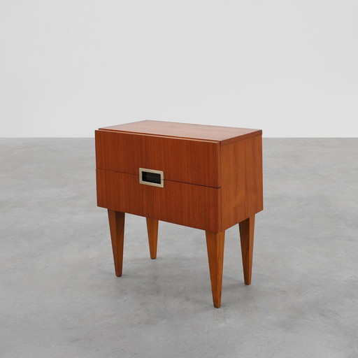 Comodino vintage in impiallacciatura di teak con 2 cassetti, Belgio 1950