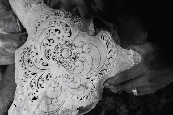 Image 1 of Handgeschnitzter Kuhschädel – Einzigartiges Farnmotiv (Boho-Ibiza)