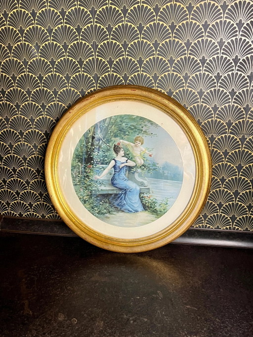 Lámina artística vintage de los años 30 en marco de madera clásico con pan de oro