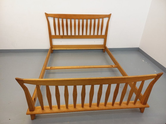 Image 1 of Vintage French double bed by Guillerme et Chambron in solid oak from the 1960s