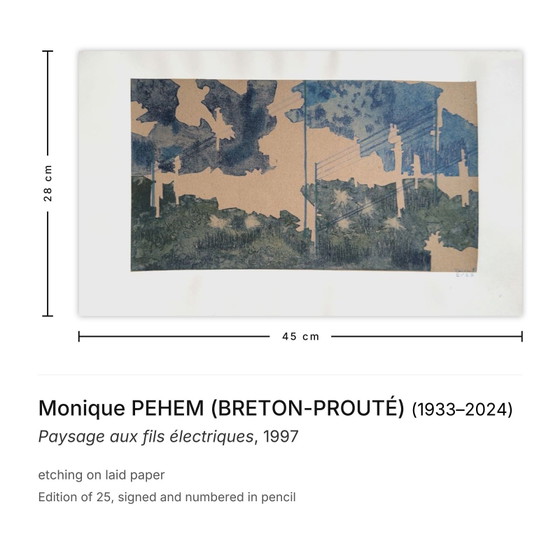 Image 1 of Monique PEHEM (BRETON-PROUTÉ) Paesaggio con fili elettrici Acquaforte firmata 1997