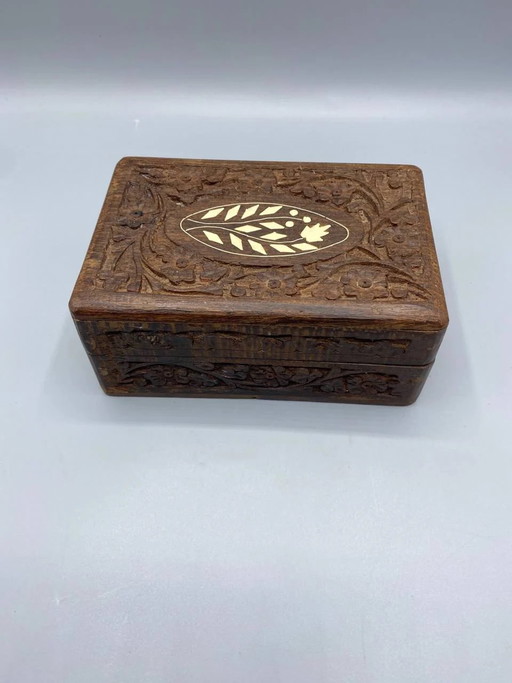 Carved Sheesham Wood Jewelry Box, Oval Bone Inlay Medallion, Blue Velvet Interior, Kashmir, 1960s-1980s