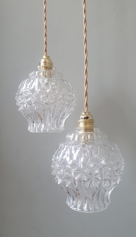 Image 1 of Set van 2 Vintage getextureerde bollampen - hanglampen - midcentury design. 