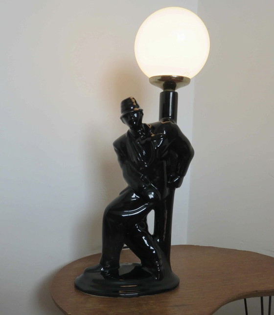 Image 1 of Large Black Ceramic and White Opaline Ball Lamp "Homme Au Lampadaire