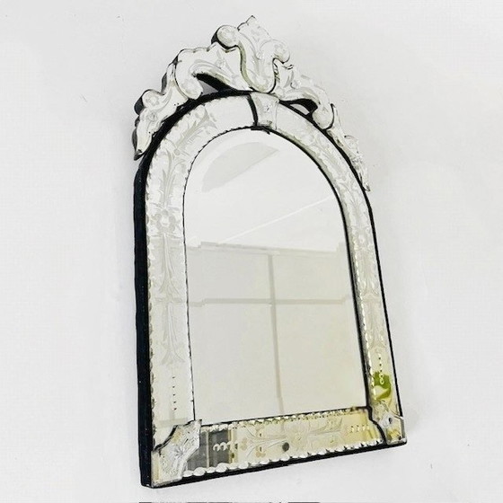 Image 1 of Antique Venetian small mirror etched mirror glass floral mirror 1900s