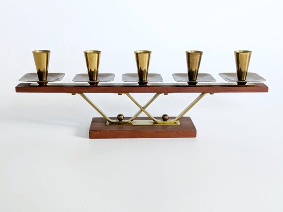 Image 1 of Midcentury Teak and Brass Candelabra for 5 candles | Germany, 1960s