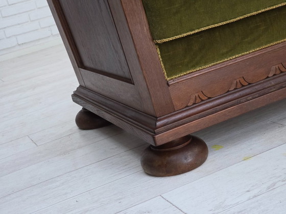 Image 1 of 1950s, Danish 2-seater sofa, original green furniture velour, oak wood.