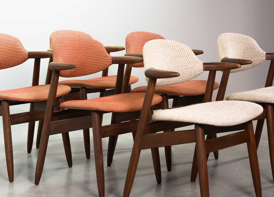 Image 1 of Authentic Cowhorn Tijsseling Dining Chairs with the Original Fabric Upholstery by Hulmefa. Set of 6. The Netherlands, 1960s.