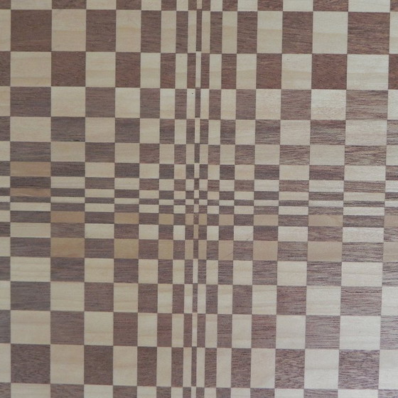 Image 1 of Salontafel opgebouwd uit honderden blokjes hout in een psychedelisch patroon, jaren 90