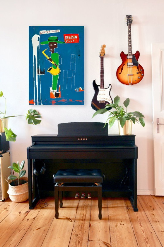 Image 1 of In de coulissen - Lester Young bij de club in Reno - Jean-Michel Basquiat 1986 - Poster 70 × 100 cm