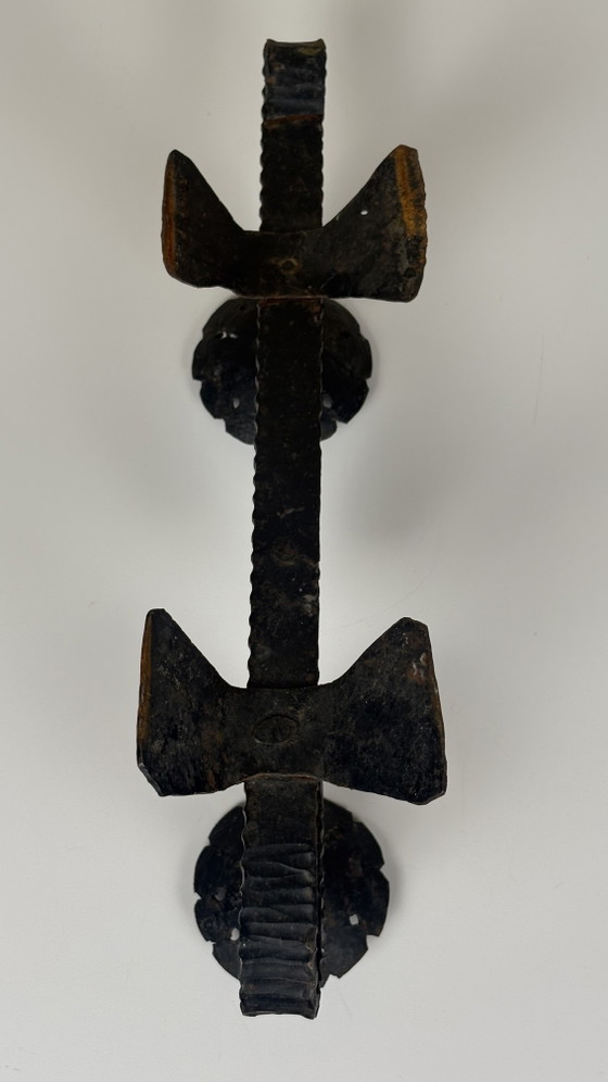 Image 1 of Brutalist forged black iron handmade Scandinavian Viking boat candlestick