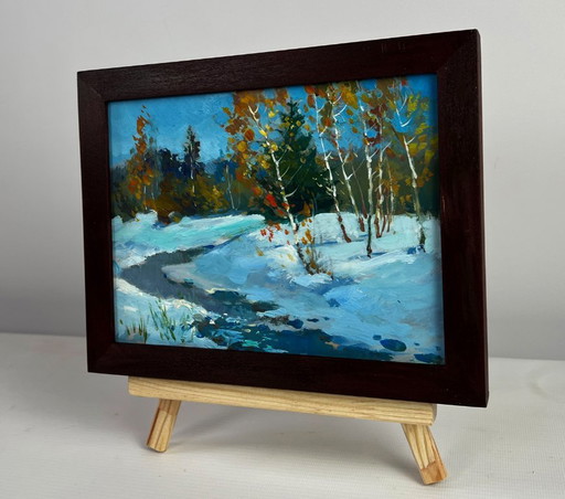 Original Oil Painting Snow Trees Landscape The beauty of the winter forest