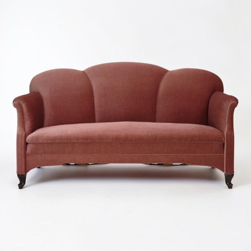 Canapé danois 2 places des années 1950, revêtement en velours rose saumon, pieds en chêne.