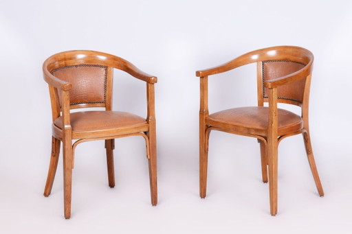 Een paar gerestaureerde art-deco fauteuils, beukenhout, kunstleer, Oostenrijk, jaren 1930 – Wood, Skai
