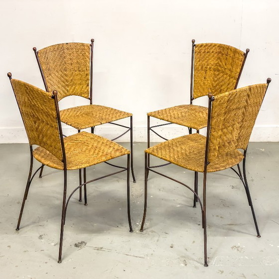 Image 1 of Set van 4 vintage rattan bistrostoelen – USA jaren ’50 – in stijl van Frederick Weinberg