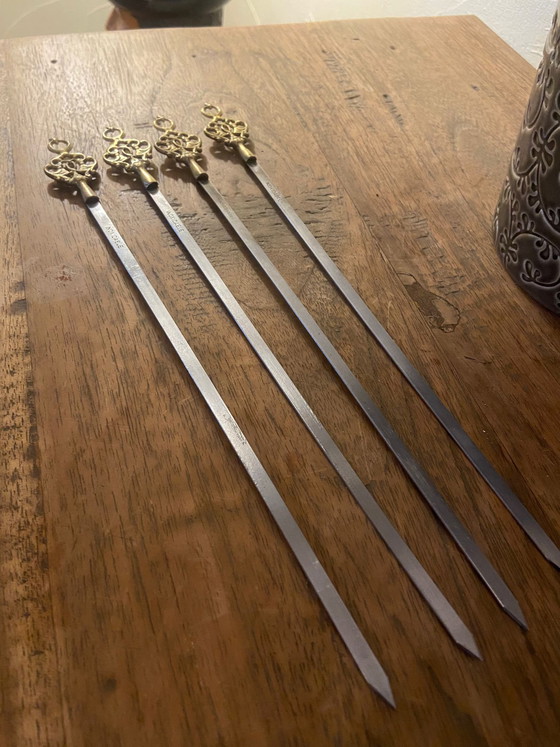 Image 1 of Spiedini per barbecue, 4 pezzi, acciaio inox, stile vintage anni '60, ottone.